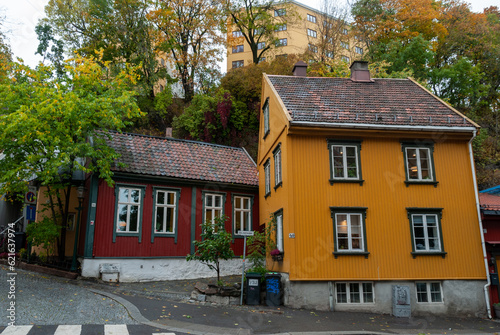 Photography Wooden colorful small houses on Damstredet Street in Oslo, Norway