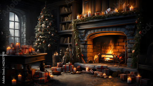 Christmas tree and gifts near fireplace decorated with garland and candles © Eudaimonia_12
