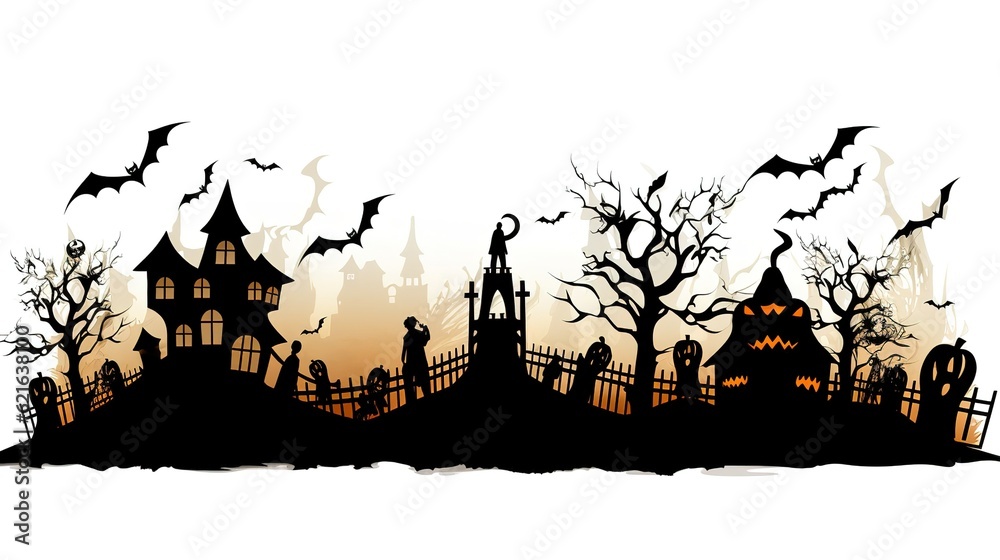 Halloween, silhouettes of witches, bats, cats, houses and animals. Generative AI.