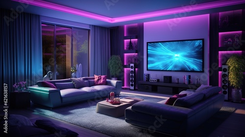 Home theater in the living room with neon lighting.Generative AI.
