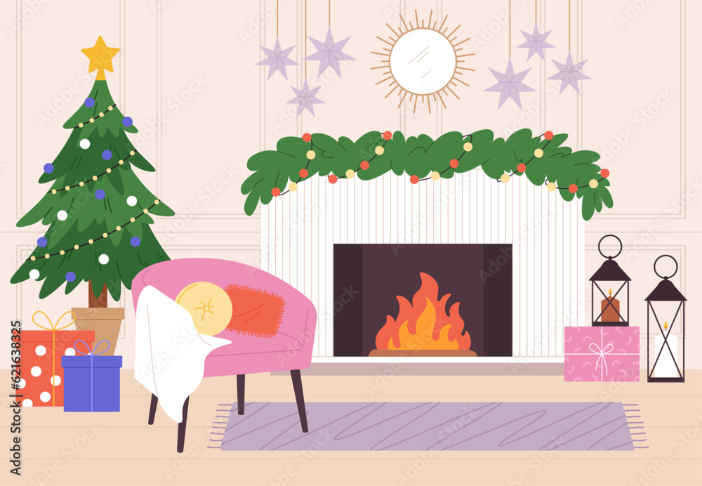 Christmas living room. House fireplace, inside winter home interior. Holiday cozy atmosphere, xmas tree and gifts, racy decorations vector scene Christmas living room. House fireplace, inside winter home interior. Holiday cozy atmosphere, xmas tree and gifts, racy decorations vector scene