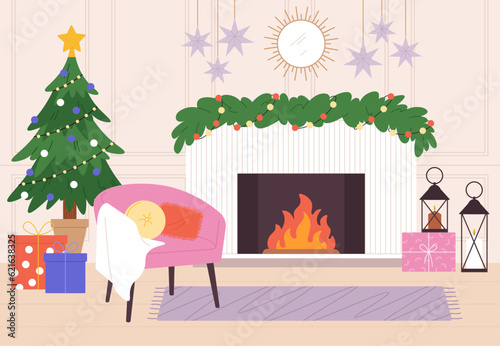 Christmas living room. House fireplace, inside winter home interior. Holiday cozy atmosphere, xmas tree and gifts, racy decorations vector scene