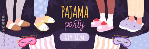Pajama party, weekend free time background. Relaxed holidays banner, girl night sleepover. Legs wear fluffy cozy slippers, racy casual vector graphic