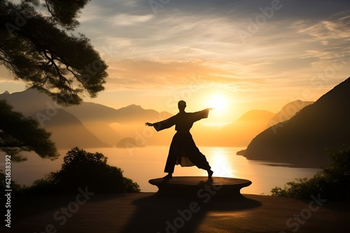 Silhouette of a person practicing tai chi or qigong in a peaceful setting