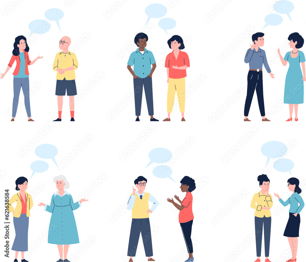 Conversation people on meeting. Formal and casual couple talking, students and adults chatting. Discussion and dialogue, recent vector characters