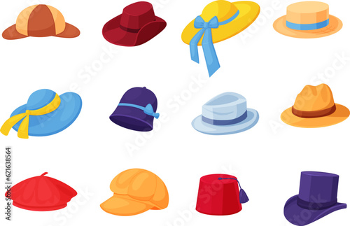 Man woman hats, cowboy and gentlemen hat. Head accessories, cap and cylinder. Girl summer beach accessory, vintage panama, nowaday vector clipart