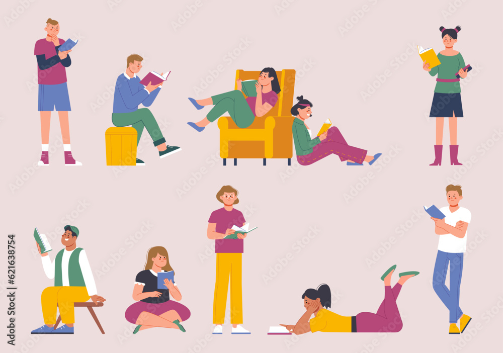 Young multicultural people reading books. Man woman reading, holding books. Readers, student in library. Educational splendid vector characters