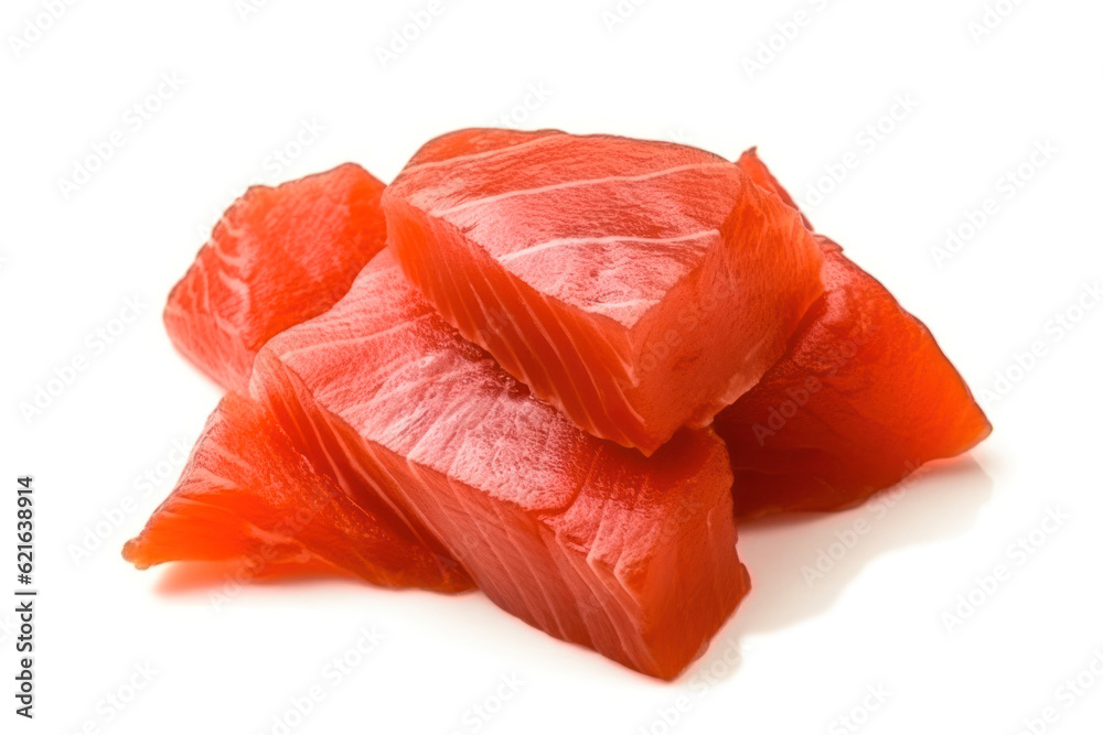 raw red fish fillet slices isolated on white background.Generative AI raw red fish fillet slices isolated on white background.Generative AI