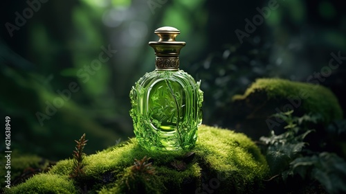Green perfume bottle on top of moss in the forest. Generative AI