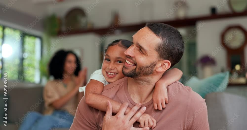 Face, family and father hug girl child on a sofa happy, bonding and having fun in their home. Embracing daughter and portrait of parent with kid in living room with love, care and sweet relationship