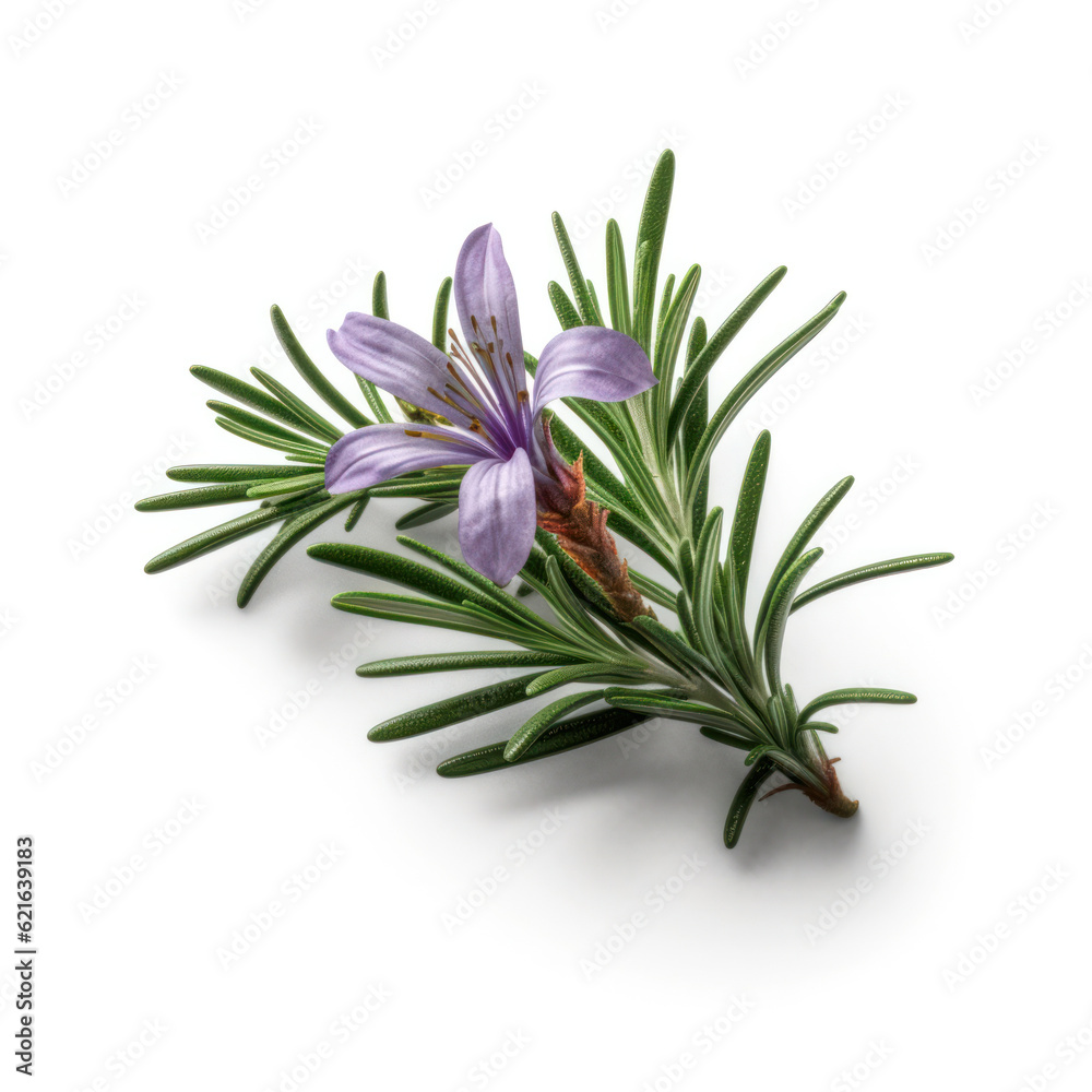 sprig of rosemary with flower on white background .generative ai. sprig of rosemary with flower on white background .generative ai.