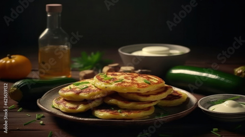 pancakes from zucchini with herbs on a plate on a wooden table. Generative AI