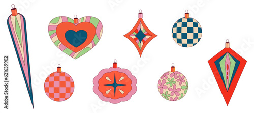 Groovy Christmas ball set. Retro winter holiday ball. Merry xmas element. Retro cartoon vector illustration. Holiday trippy design.