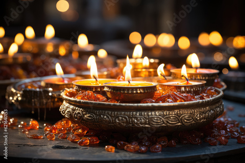 Diya lamps radiating warmth and light during Diwali celebration, symbolizing joy and happiness. Generative Ai.