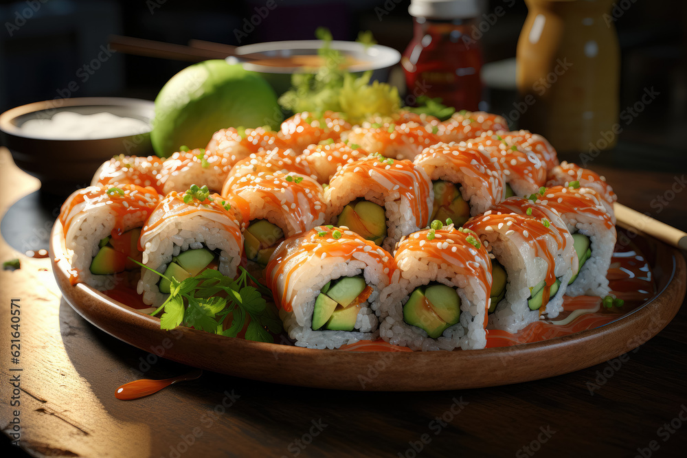 Sushi roll filled with succulent salmon and shrimp tempura. Generative Ai. Sushi roll filled with succulent salmon and shrimp tempura. Generative Ai.