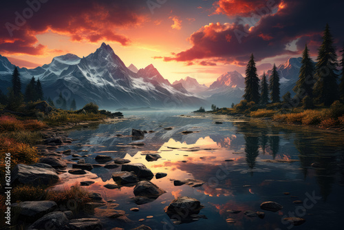 Serene landscape featuring a picturesque lake and a majestic sunrise over the mountains. Generative Ai.