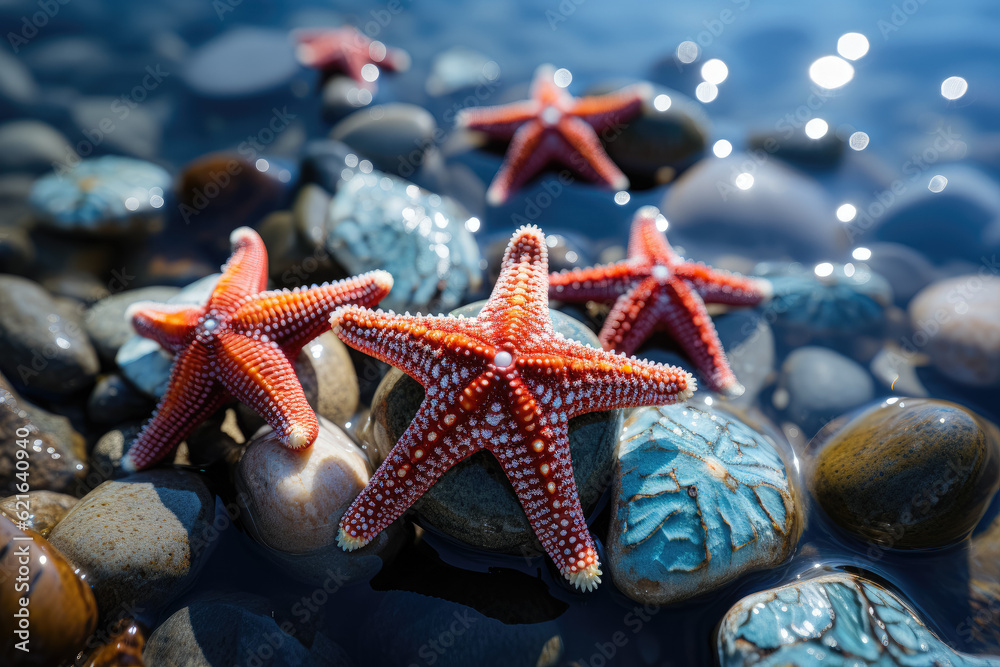 Sea stars, also known as starfish, clinging to rocks at Neptune State Park along the Pacific Ocean. Generative Ai. Sea stars, also known as starfish, clinging to rocks at Neptune State Park along the Pacific Ocean. Generative Ai.
