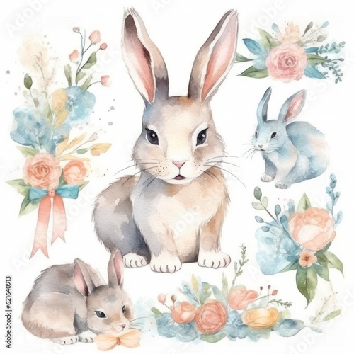 easter set watercolor drawing of rabbits on a white background. generated AI. 