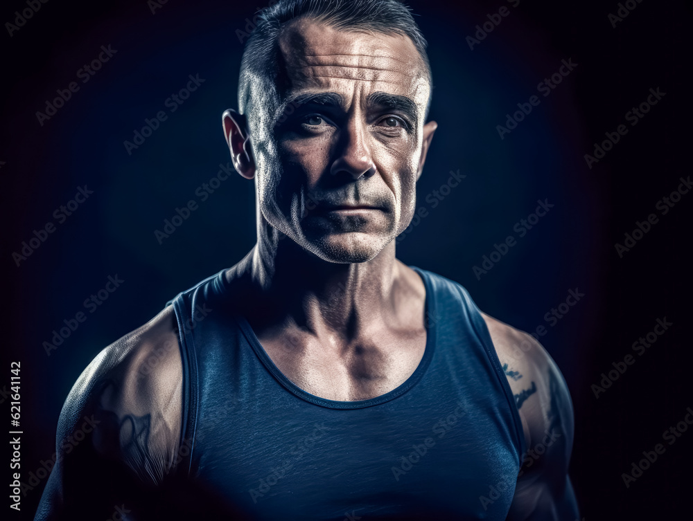 Powerful adult bodybuilder on black background. concept of strength and health. Generative AI