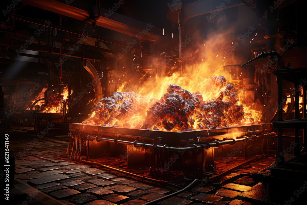 Fiery scene capturing molten metal pouring at a foundry, showcasing the intense heat and craftsmanship involved. Generative Ai.