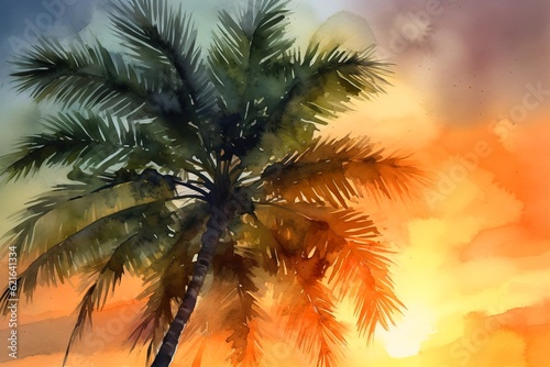 watercolor image silhouette of a palm tree at a bright sunset. generated ai