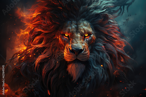 Fiery Lion depicted in a digital drawing  its mane glowing with vibrant hues. Generative Ai.