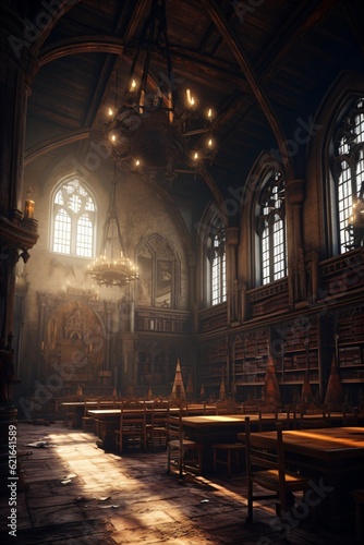 medieval library, gothic reading room interior with desks, old mysterious castle, fictional interior created with generative ai