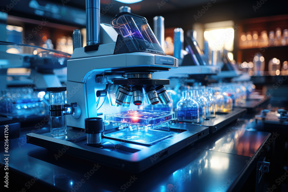 Closeup photo of laboratory equipment featuring an optical microscope
