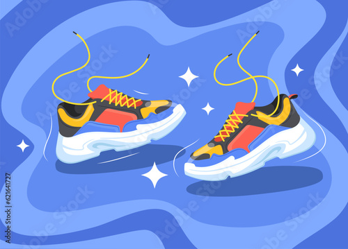 Athletic sneakers art. Pair fashion sneaker for run fitness trainer, sport shoe healthy marathon banner design authentic footwear basketball