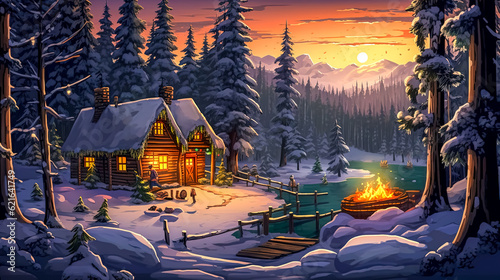 wooden log cabin in the winter fairytale forest at night, Christmas time, made with Generative AI photo