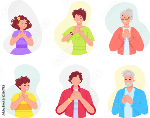 Grateful characters. Cartoon sincere people with thank you gesture of hands on chest, thankful young and old man or woman, smile kind kid gratitude expression vector illustration