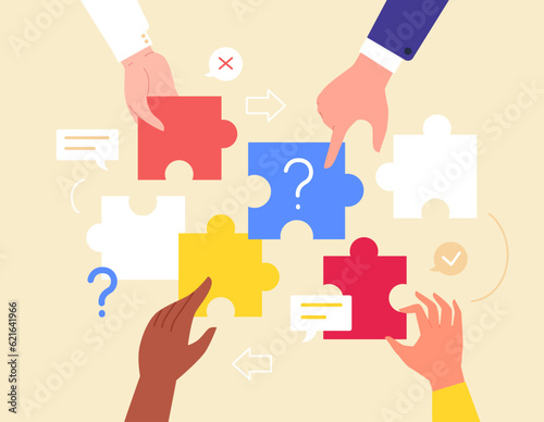 Hands jigsaw solution. People cartoon hand hold connected puzzle piece combination together, search solved mosaic best science team, employee teamwork concept vector illustration