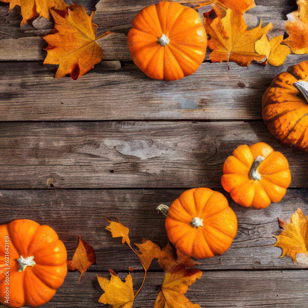 AI generative pumpkin and autumn leaves on wooden background AI generative pumpkin and autumn leaves on wooden background