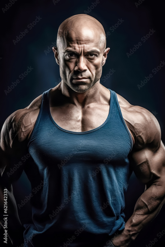 Powerful adult bodybuilder on black background. concept of strength and health. Generative AI