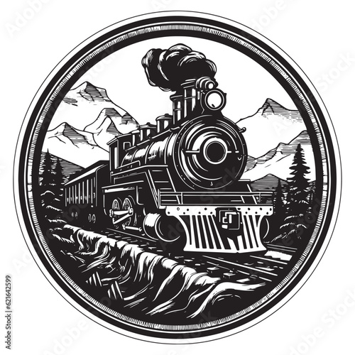 Old steam locomotive on rails. Vector logo isolated on white background