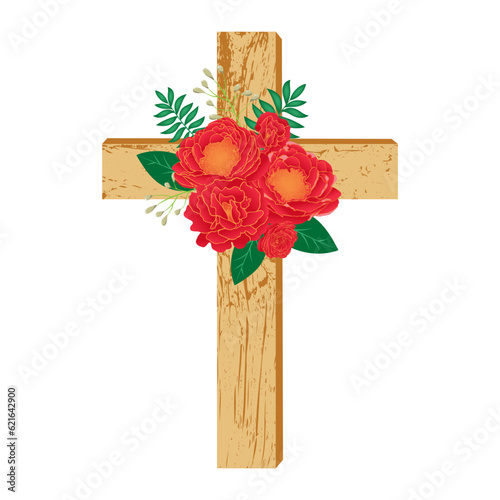 Isolated Baptism cross. Floral wooden cross. Vector illustration.
