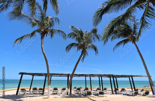 View of the horizon from tropical beach at luxury hotel resort (Merida, Mexico)