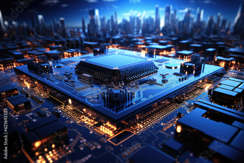 Vector artwork depicting a futuristic circuit board intertwined with mesh lines, portraying high computer and communication technology on a blue background. Generative Ai.