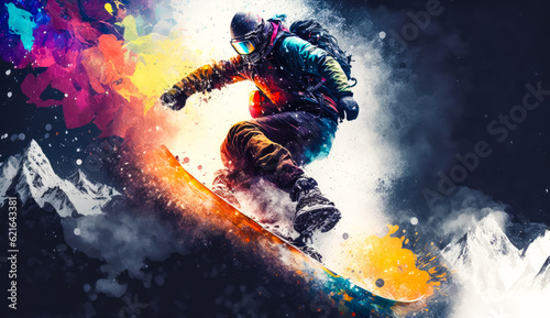 illustration of snowboarder slides down on the snowy mountain side. Generative AI