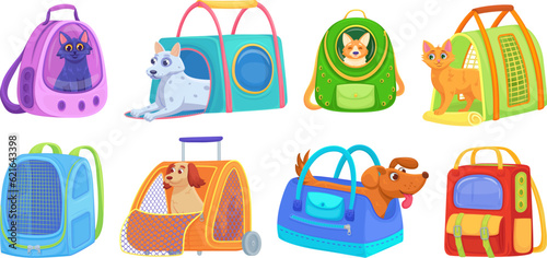 Pet carriers. Pets carriages for animal convenience in journey, travel crate of dog or cat traveller, portable container with cage plane transportation, decent vector illustration
