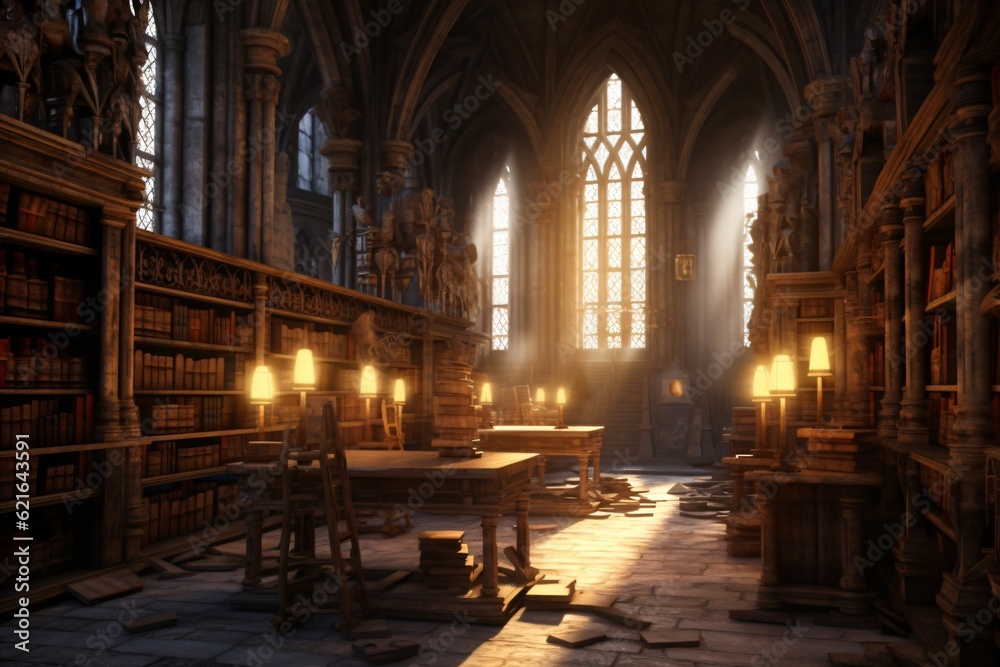 medieval library, gothic reading room interior with desks, old mysterious castle, fictional interior created with generative ai