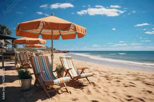 Chairs and umbrellas dotting the sandy beach, signaling a delightful beach vacation. Generative Ai.