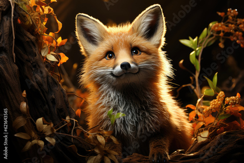 In the heart of a forest stands an adorable red fox, balancing on its hind legs. Generative Ai.