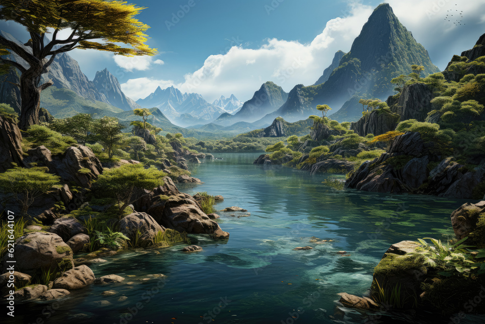 Take in the awe-inspiring view of an island's mountainous landscape, captured from the calm and serene mid-water. Generative Ai.