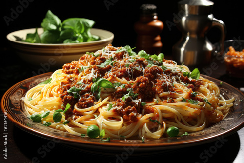 A plate adorned with a generous serving of spaghetti and meat sauce, tempting the taste buds with its hearty and satisfying appeal. Generative Ai.