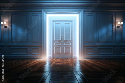 Enigmatic doorway, Illuminated white door casts luminous glow in dark, 3D-rendered room Generative AI