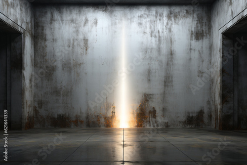 Intriguing contrast, Bright light emanates from white door in dark, abstract concrete interior Generative AI