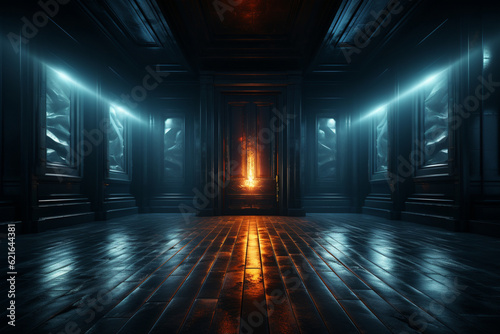Mysterious entrance, Closed white door illuminates dark room with radiant light Generative AI