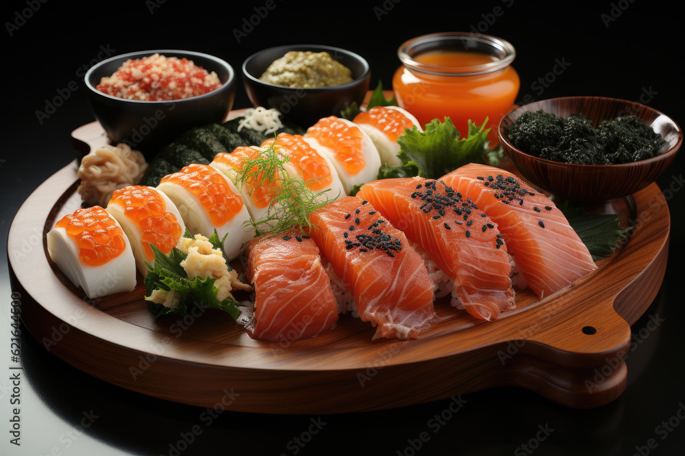 A wooden plate displays a sushi set featuring rolls filled with salmon, eel, and red caviar, capturing the essence of a restaurant experience. Generative Ai. A wooden plate displays a sushi set featuring rolls filled with salmon, eel, and red caviar, capturing the essence of a restaurant experience. Generative Ai.