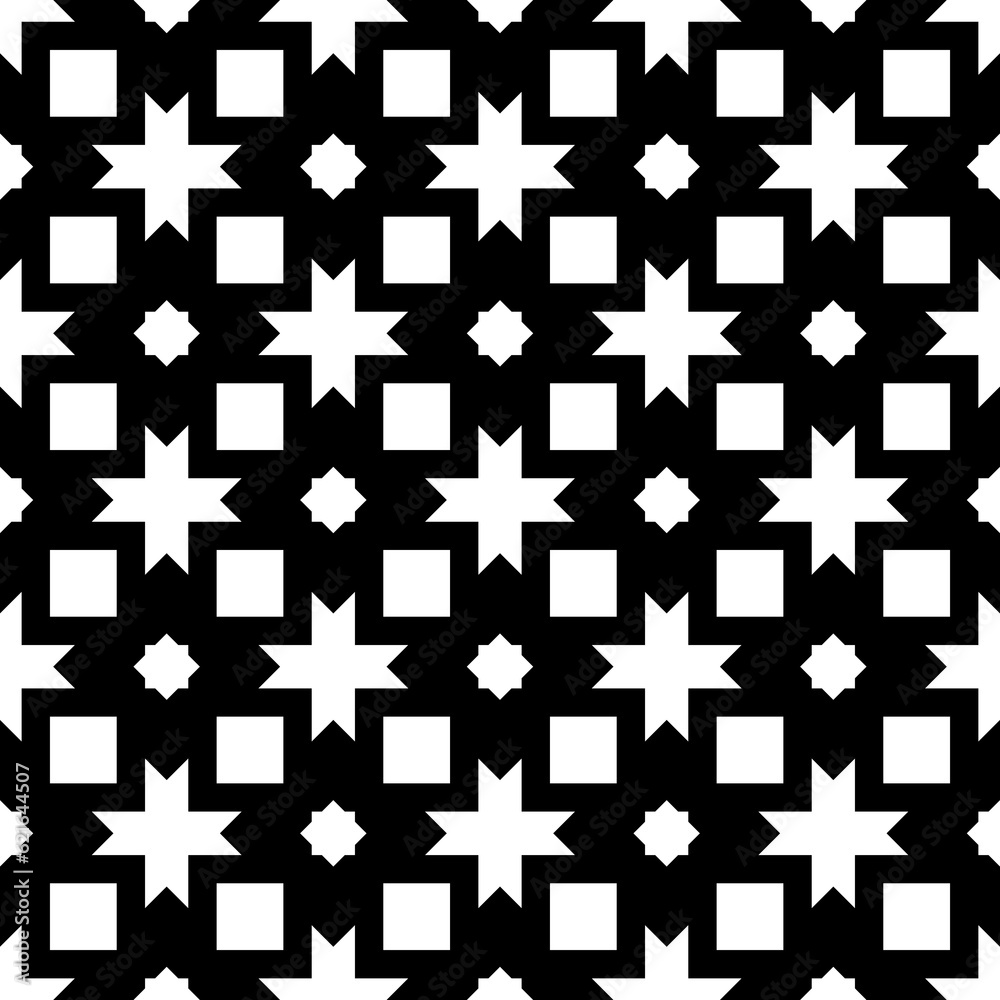 Fototapeta premium Seamless surface pattern design with Moroccan stars and crosses tiles ornament. Oriental traditional ornamentation with repeated geometric shapes. Ancient mosaic wallpaper. Grid motif. Digital paper.